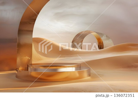 metallic podium with flowing golden sand 136072351
