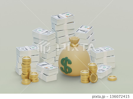 Pile of one and hundred dollar bills with money bags in 3D cartoon style 136072415