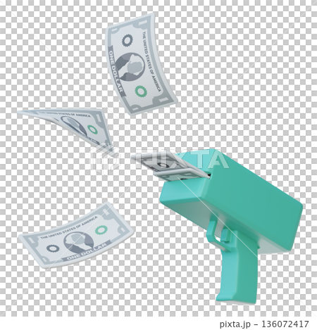 One dollar bills shooting out of a money gun in 3D style 136072417