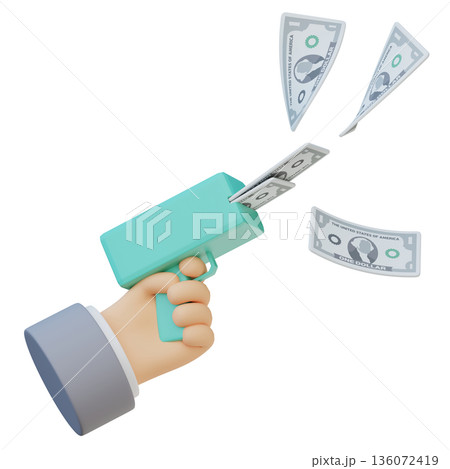 Hand holding a money gun shooting one dollar bills in 3D style 136072419