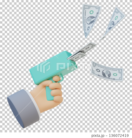 Hand holding a money gun shooting one dollar bills in 3D style 136072419