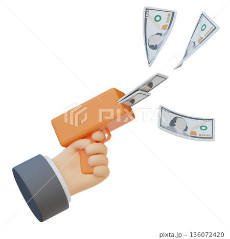 Hand holding a money gun shooting hundred dollar bills in 3D style 136072420