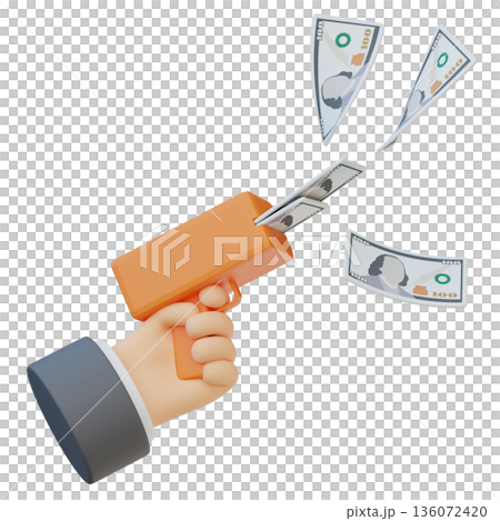 Hand holding a money gun shooting hundred dollar bills in 3D style 136072420