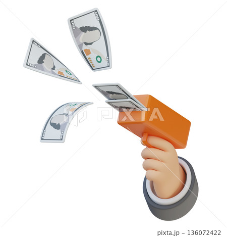 Hand holding a money gun shooting hundred dollar bills in 3D style Hand holding a money gun shooting hundred dollar bills in 3D style 136072422