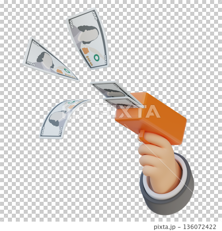 Hand holding a money gun shooting hundred dollar bills in 3D style Hand holding a money gun shooting hundred dollar bills in 3D style 136072422