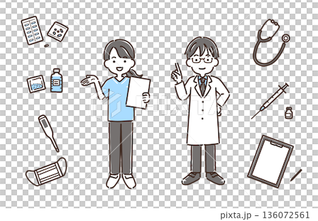 白衣の医師・スクラブ姿の看護師・医療アイテム／シンプルカラー／セット 136072561