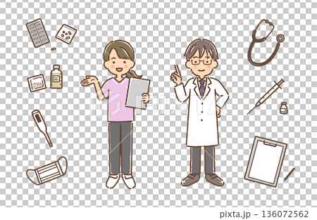 Nurses in scrubs, doctors in white coats, medical items/set Nurses in scrubs, doctors in white coats, medical items/set 136072562