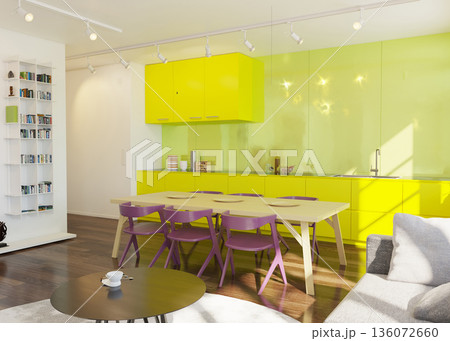 3D render of a modern open-plan interior with a vibrant, colorful kitchen 3D render of a modern open-plan interior with a vibrant, colorful kitchen 136072660