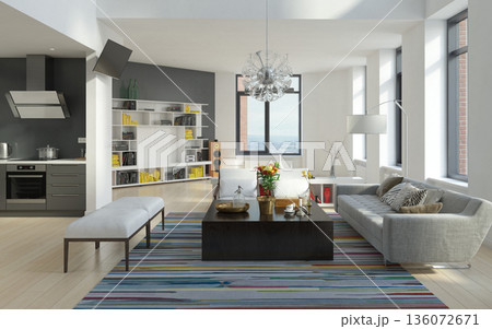 Modern open plan living room interior with kitchen. 3D render of contemporary apartment 136072671