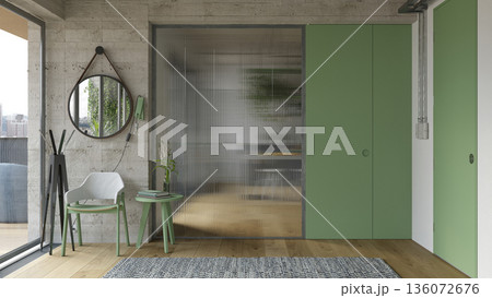 Modern interior with concrete wall and ribbed glass partition. Green door design. 3d render 136072676