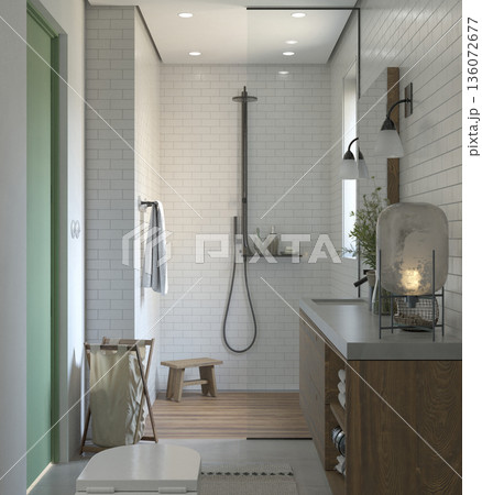 Modern bathroom interior with shower and wooden vanity. Vertical 3d render of home design Modern bathroom interior with shower and wooden vanity. Vertical 3d render of home design 136072677