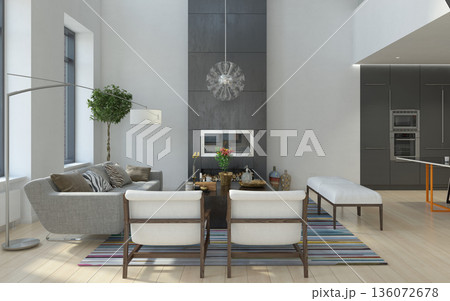 Modern living room interior with fireplace and kitchen. 3d render of luxury home design Modern living room interior with fireplace and kitchen. 3d render of luxury home design 136072678