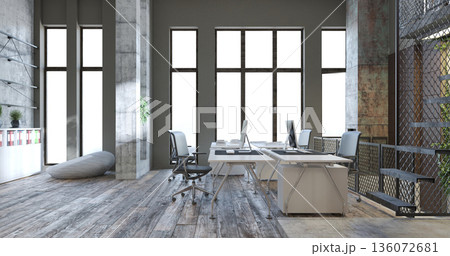 Modern industrial office interior with concrete walls. Empty workplace 3d render 136072681