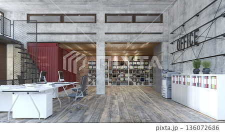 Industrial loft office with concrete walls and red shipping container. Modern 3D render 136072686
