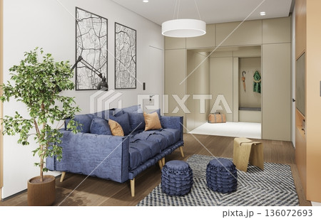 Modern living room interior with blue sofa and green plant. 3D render of home design Modern living room interior with blue sofa and green plant. 3D render of home design 136072693