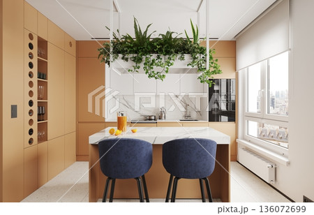 Modern kitchen interior with orange cabinets and marble island. 3D render visualization 136072699