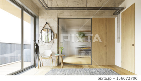 Modern industrial interior with concrete walls and fluted glass partition. 3D render 136072700