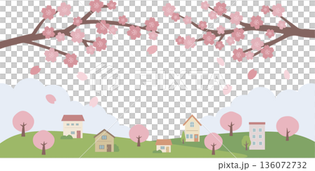 春季背景插圖橫幅，櫻花背景，櫻花和建築物 136072732