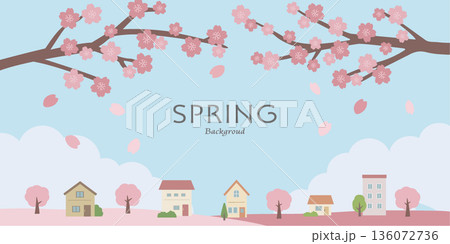 春の背景イラスト　バナー　桜の背景　桜と建物 136072736