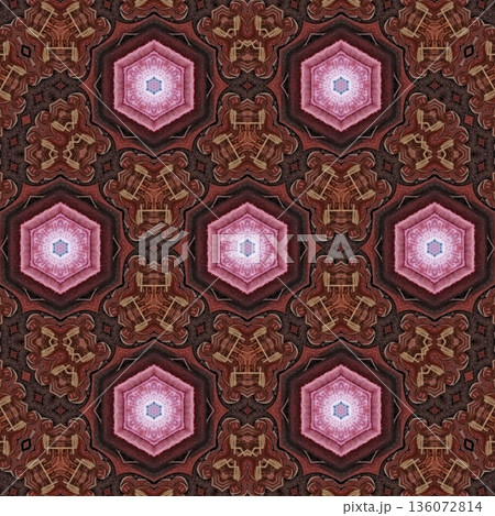 Abstract floral design features a pattern with rich textures and relief details. Soft pink, earthy brown, and muted blue tones add depth, making it ideal for textiles, wallpaper and fashion prints 136072814