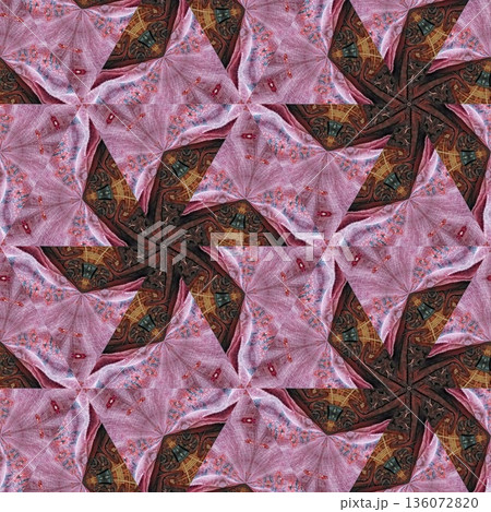 Abstract floral design features a pattern with rich textures and relief details. Soft pink, earthy brown, and muted blue tones add depth, making it ideal for textiles, wallpaper and fashion prints 136072820