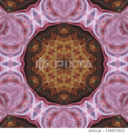 Abstract floral design features a pattern with rich textures and relief details. Soft pink, earthy brown, and muted blue tones add depth, making it ideal for textiles, wallpaper and fashion prints 136072822