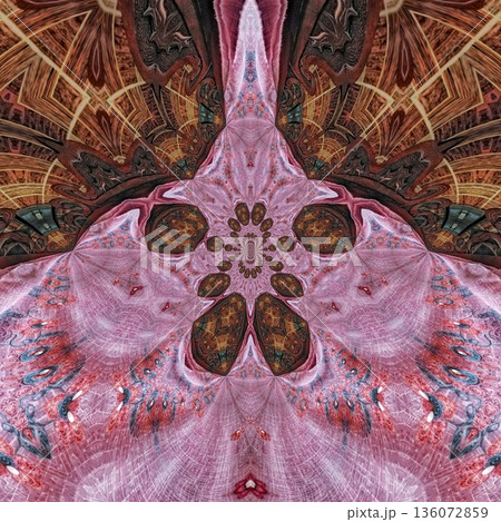 Abstract floral design features a pattern with rich textures and relief details. Soft pink, earthy brown, and muted blue tones add depth, making it ideal for textiles, wallpaper and fashion prints 136072859