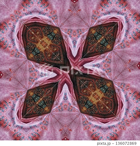 Abstract floral design features a pattern with rich textures and relief details. Soft pink, earthy brown, and muted blue tones add depth, making it ideal for textiles, wallpaper and fashion prints 136072869