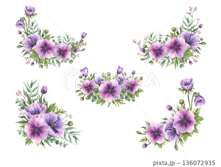 Purple Anemone flowers with eucalyptus plant branches bouquets set. Watercolor semicircular, oval, long, and triangular floral designs for greeting, wedding card. Isolated hand painted illustration 136072935