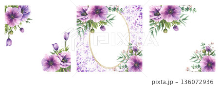 Watercolor Anemone flowers with pink buds and eucalyptus green branches frame set. Realistic greenery floral card template for wedding, Valentines day. Hand drawn isolated from background illustration Watercolor Anemone flowers with pink buds and eucalyptus green branches frame set. Realistic greenery floral card template for wedding, Valentines day. Hand drawn isolated from background illustration 136072936