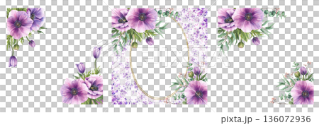 Watercolor Anemone flowers with pink buds and eucalyptus green branches frame set. Realistic greenery floral card template for wedding, Valentines day. Hand drawn isolated from background illustration Watercolor Anemone flowers with pink buds and eucalyptus green branches frame set. Realistic greenery floral card template for wedding, Valentines day. Hand drawn isolated from background illustration 136072936