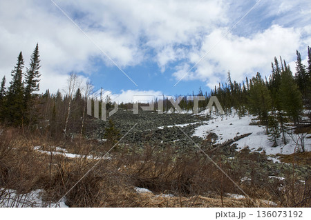 Forested mountain slope with melting snow and a rock field under a cloudy blue sky. Spring nature landscape and wilderness. Forested mountain slope with melting snow and a rock field under a cloudy blue sky. Spring nature landscape and wilderness. 136073192
