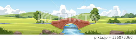 Panoramic landscape asphalt road with stone bridge over a blue river. Green rolling hills trees and white clouds under a bright sunny sky. Vector illustration banner background. 136073360