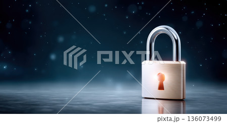 Secure metallic padlock reflective surface evoking data security and digital protection with calm blue bokeh night background creating confident 136073499