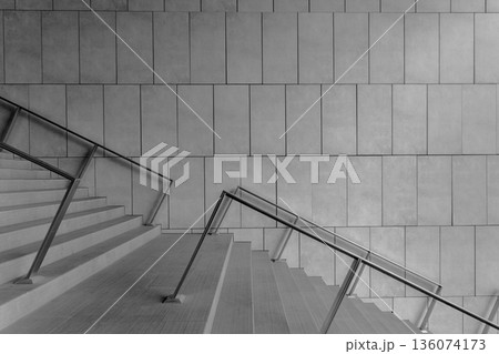 monumental monochrome background hall stairs and railing background architecture wall tile mock up pattern for copy space advertising purpose  136074173