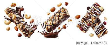 Chocolate coated nut protein energy fitness bar topped with almonds, cashews, walnuts, and chocolate drizzle on white 136074395
