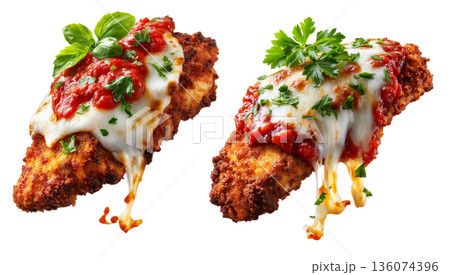 Australia breaded chicken Parmigiana cutlet topped with tomato sauce, melted cheese, and herbs isolated on white background 136074396