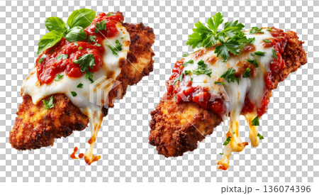 Australia breaded chicken Parmigiana cutlet topped with tomato sauce, melted cheese, and herbs isolated on white background 136074396