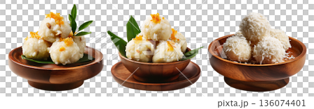 Banana coconut rice dumplings topped with toasted almonds, isolated on white background, concept of Micronesia Asian dessert 136074401