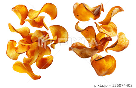 Kumara sweet potato chips isolated on white transparent background, representing healthy New Zealand snack food concept 136074402