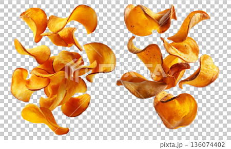 Kumara sweet potato chips isolated on white transparent background, representing healthy New Zealand snack food concept 136074402