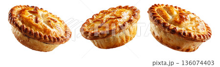 Australia meat pie with minced beef and gravy and crisp flaky crust isolated on white background. Concept of homemade comfort food Australia meat pie with minced beef and gravy and crisp flaky crust isolated on white background. Concept of homemade comfort food 136074403