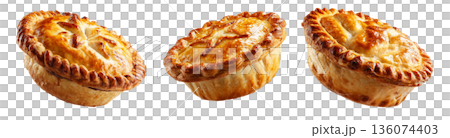 Australia meat pie with minced beef and gravy and crisp flaky crust isolated on white background. Concept of homemade comfort food Australia meat pie with minced beef and gravy and crisp flaky crust isolated on white background. Concept of homemade comfort food 136074403