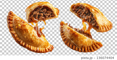 Australia meat pie with minced beef and gravy and crisp flaky crust isolated on white background. Concept of homemade comfort food Australia meat pie with minced beef and gravy and crisp flaky crust isolated on white background. Concept of homemade comfort food 136074404