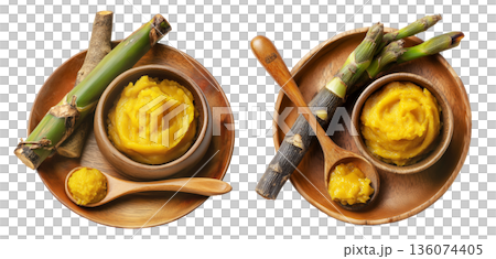 Pandanus fruit paste in wooden bowl with fresh pandanus leaves and fruit on wooden plate, isolated on white transparent background 136074405