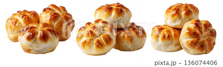 Panipopo sweet rolls baked in coconut milk with golden crust isolated on white background, concept of bakery and food freshness 136074406