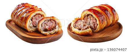 Australia sausage roll with golden puff pastry and meat filling, isolated on white background, concept of baked snacks 136074407