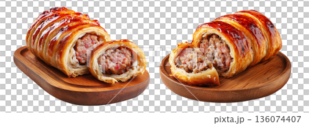 Australia sausage roll with golden puff pastry and meat filling, isolated on white background, concept of baked snacks 136074407