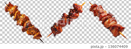Anticuchos grilled beef meat skewer isolated on white transparent background, concept of South American barbecue cuisine Anticuchos grilled beef meat skewer isolated on white transparent background, concept of South American barbecue cuisine 136074409
