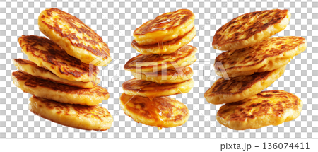 Cachapas sweet corn pancakes flying in air, isolated on white background, concept of South American cuisine Cachapas sweet corn pancakes flying in air, isolated on white background, concept of South American cuisine 136074411